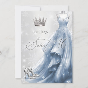 Dusty Blue Dress Snowflakes Winter Sweet 16 Einladung