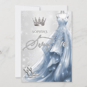 Dusty Blue Dress Snowflakes Winter Sweet 16 Einladung