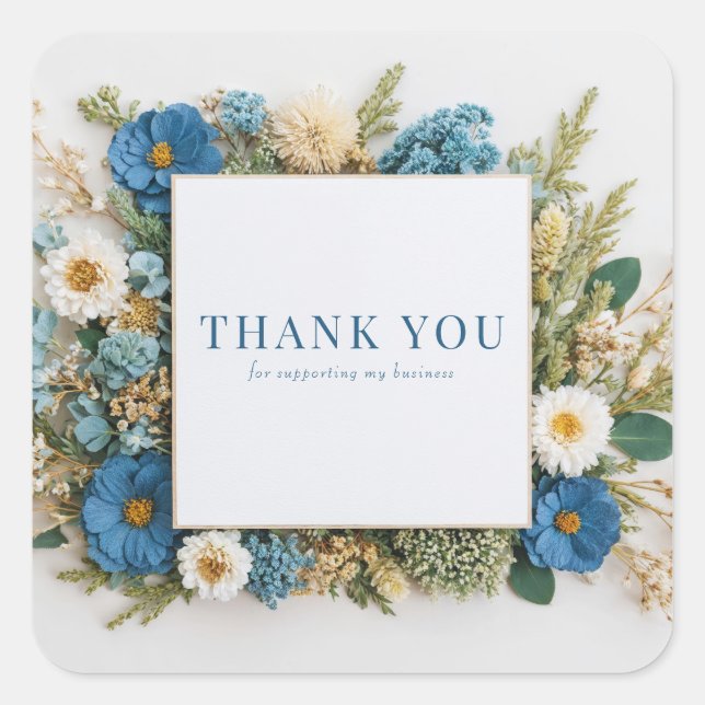 Dusty Blue Dried Floral Rustic Botanical Wreath Quadratischer Aufkleber (Vorderseite)