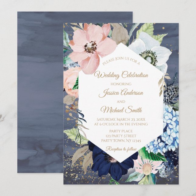 Dusty Blue Dusty Rose Gold Floral Wedding Card Einladung (Vorne/Hinten)