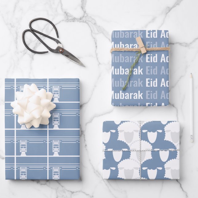 Dusty Blue Eid Adha Mubarak Kaaba Sheep Pattern Geschenkpapier Set (Vorderseite)