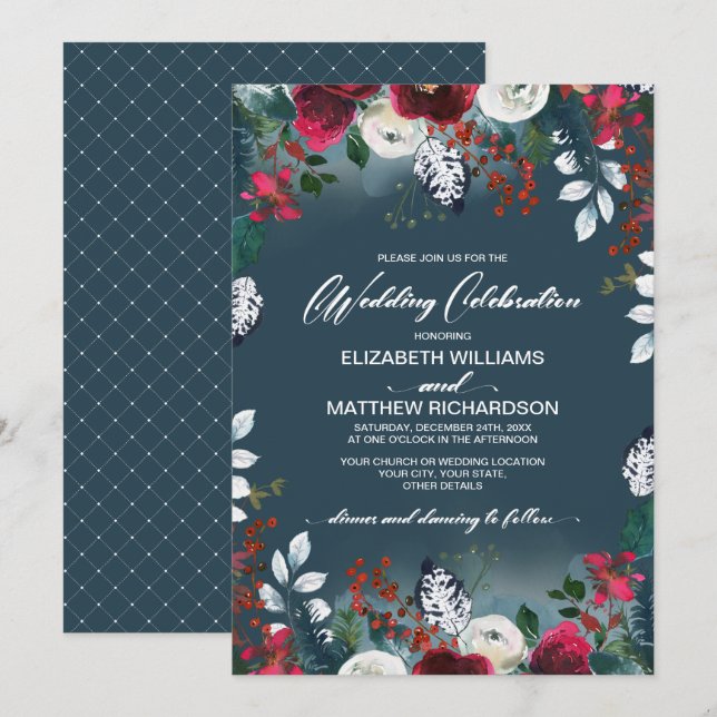 Dusty Blue | Einladung von Burgundy Red Bloom Wedd (Vorne/Hinten)