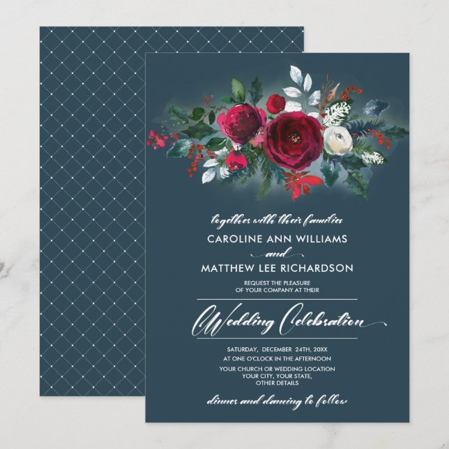 Dusty Blue | Einladung von Burgundy Red Bloom Wedd (Vorne/Hinten)