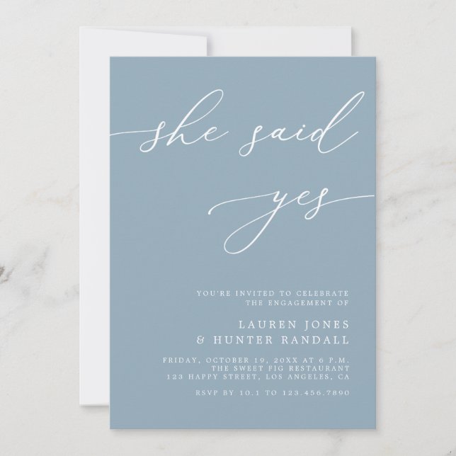 Dusty Blue Elegance Whimsical Yes Engagement Party Einladung (Vorderseite)