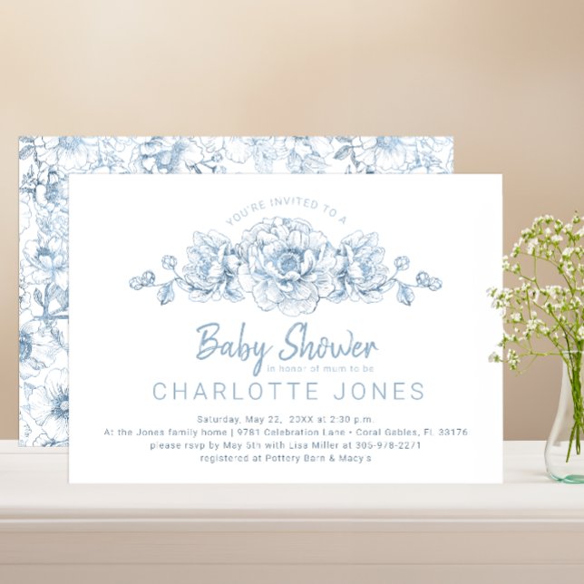 Dusty Blue élégant Baby shower Floral Invitation (Dusty Blue Floral Baby Shower)