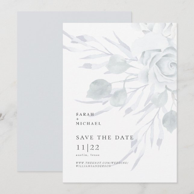 Dusty Blue Elegant Blumenhochzeit rettet das Datum Save The Date (Vorne/Hinten)