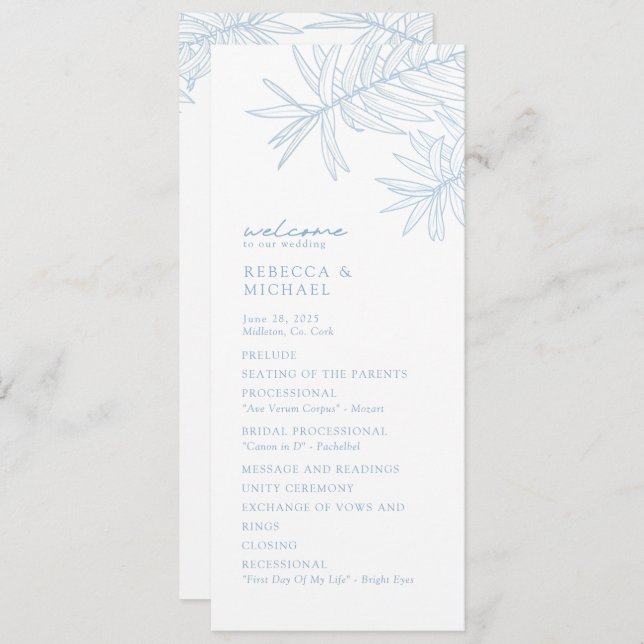 Dusty Blue Elegant Botanical Wedding Program (Vorne/Hinten)