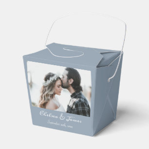 Dusty Blue Elegant Calligraphy Foto Wedding Geschenkschachtel