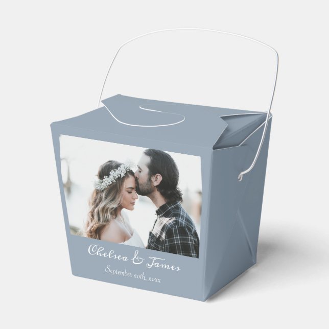 Dusty Blue Elegant Calligraphy Foto Wedding Geschenkschachtel (Vorderseite)