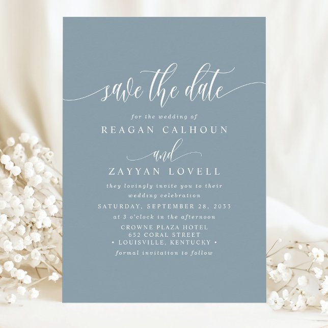 Dusty Blue Elegant Calligraphy Save the Date (Von Creator hochgeladen)
