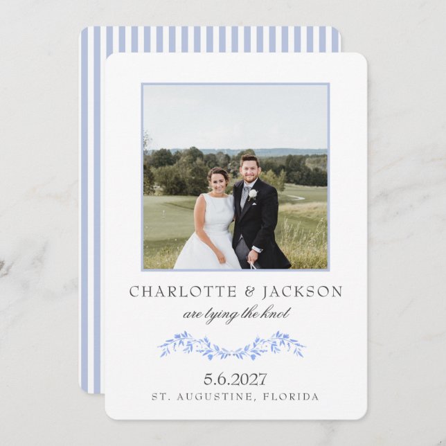 Dusty Blue Elegant Classic Floral mit Foto Save The Date (Vorne/Hinten)