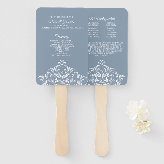 Dusty Blue Elegant Damask Wedding Program Fan Fächer (Vorne und Hinten)