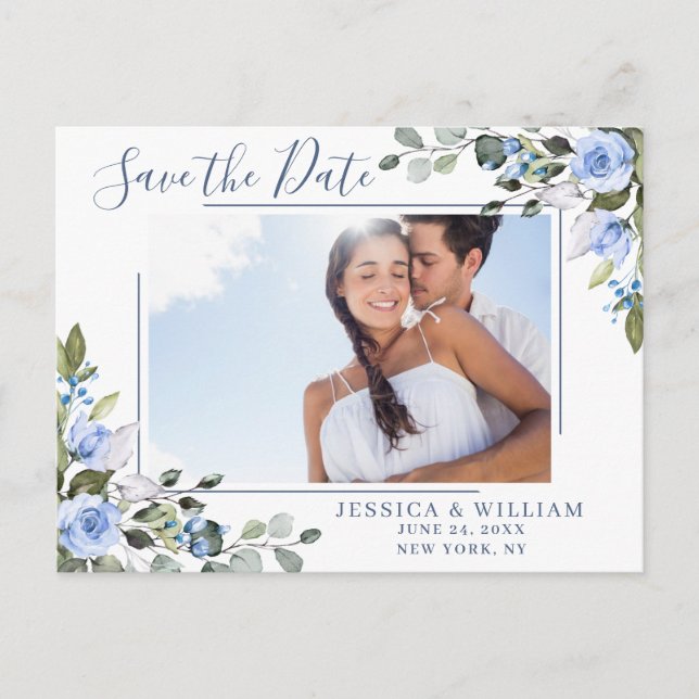 Dusty Blue Elegant Eukalyptus FOTO Save the Date Postkarte (Vorderseite)