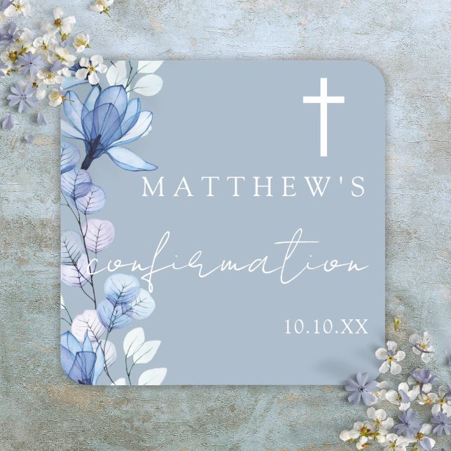 Dusty Blue Elegant Floral Confirmation Quadratischer Aufkleber (Dusty Blue Elegant Floral Confirmation Square Sticker)