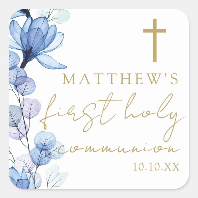 Dusty Blue Elegant Floral First Holy Communion Quadratischer Aufkleber (Vorderseite)