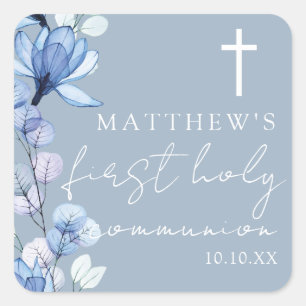 Dusty Blue Elegant Floral First Holy Communion Quadratischer Aufkleber