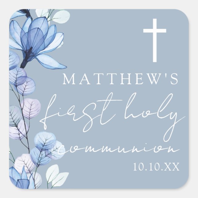 Dusty Blue Elegant Floral First Holy Communion Quadratischer Aufkleber (Vorderseite)