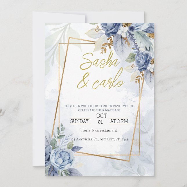 Dusty Blue Elegant Floral Wedding Einladungskarte (Vorderseite)