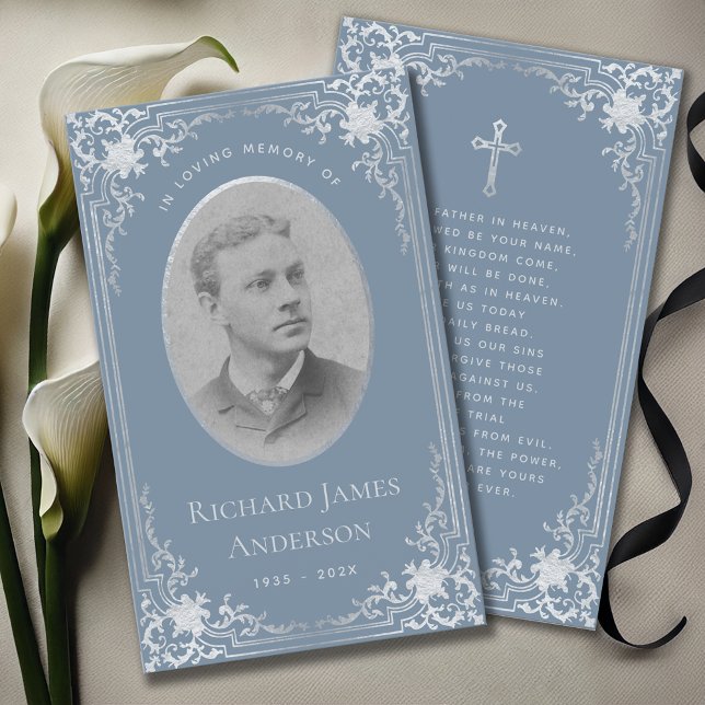Dusty Blue Elegant Funeral Memorial Prayer Card (Créateur téléchargé)