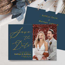 Dusty Blue Elegant Gold Script Moderne Hochzeit Save The Date