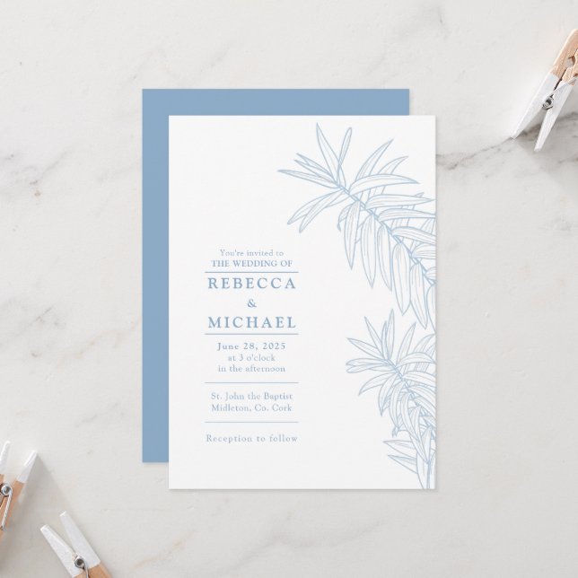 Dusty Blue Elegant Minimalistisch Botanisch Einladung (Vorderseite/Rückseite Beispiel)