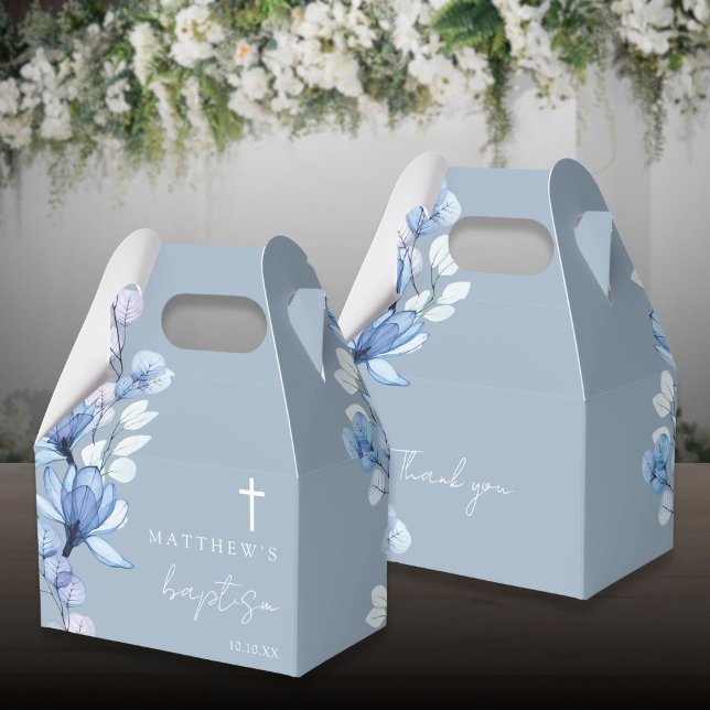 Dusty Blue Elegant Moderne Blumentaufe Geschenkschachtel (Dusty Blue Elegant Modern Floral Baptism Favor Boxes)