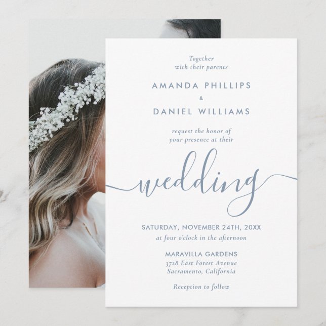 Dusty Blue Elegant Modernes Script Foto Hochzeit Einladung (Vorne/Hinten)