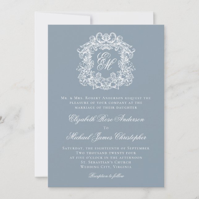 Dusty Blue Elegant Monogram Crest Wedding Einladung (Vorderseite)