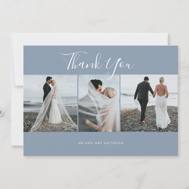 Dusty Blue Elegant Photo Mariage Carte de remercie (Devant)
