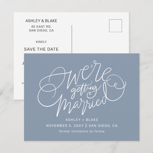 Dusty Blue Elegant Save the Date einfach Ankündigungspostkarte (Vorne/Hinten)