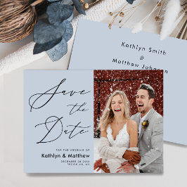Dusty Blue Elegant Script Modernes Foto Hochzeit Save The Date