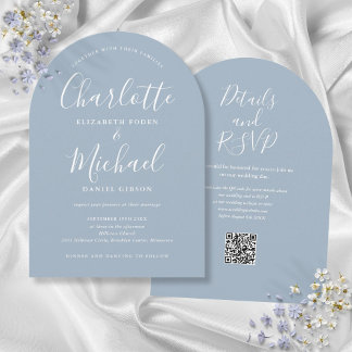 Dusty Blue Elegant Script QR Code Arch Wedding Einladung