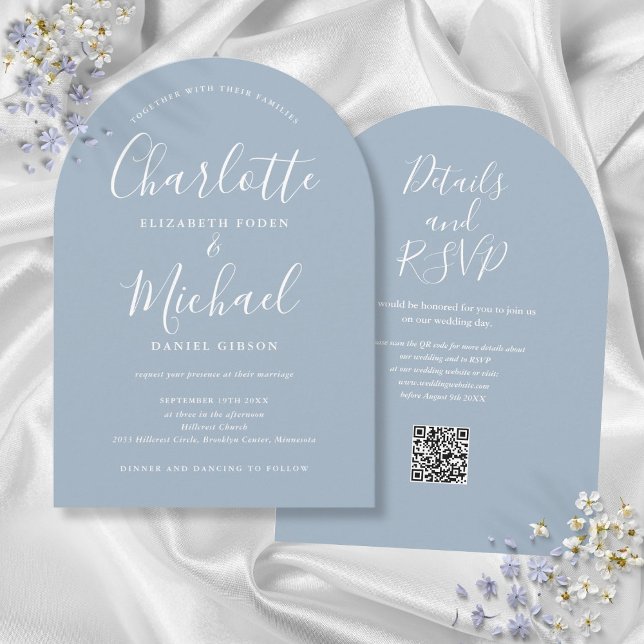 Dusty Blue Elegant Script QR Code Arch Wedding Einladung (Dusty Blue Elegant Script QR Code Arch Wedding Invitation)