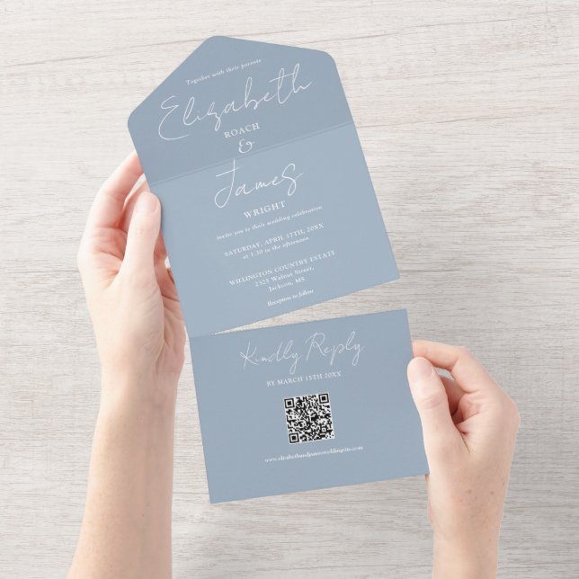 Dusty Blue Elegant Script QR Code Wedding All In One Einladung (Abreißen)