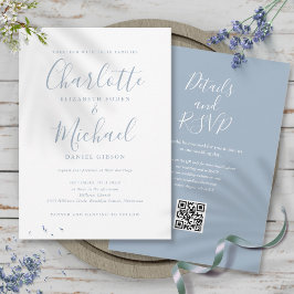 Dusty Blue Elegant Script QR Code Wedding Einladung