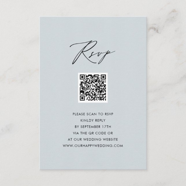 Dusty Blue Elegant Script Simple QR Wedding RSVP Begleitkarte (Vorderseite)