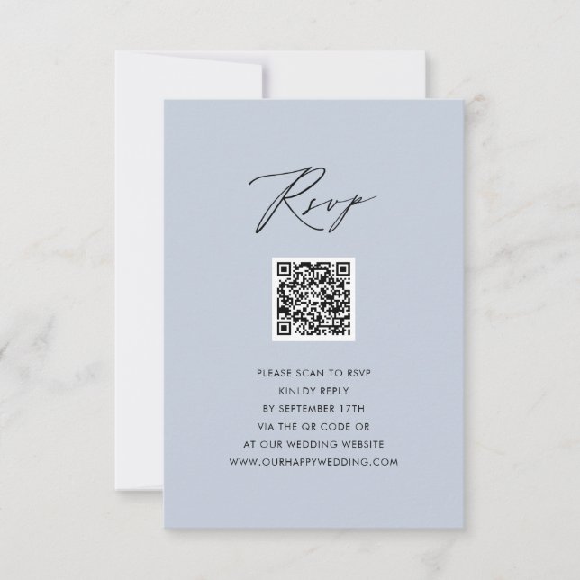 Dusty Blue Elegant Script Simple QR Wedding RSVP Karte (Vorderseite)