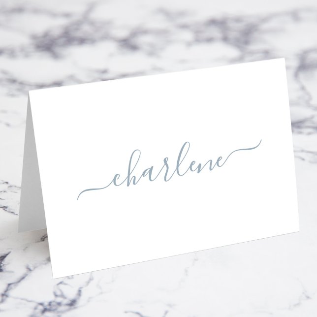 Dusty Blue Elegant Signature Name Platzkarten Tischnummer (Dusty Blue Elegant Signature Script Individual Name Fold Your Own Place Cards)