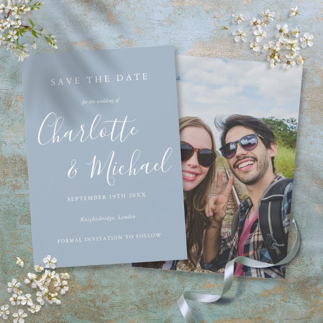 Dusty Blue Elegant Signature Script-Foto Save The Date (Dusty Blue Elegant Signature Script Photo Save The Date)