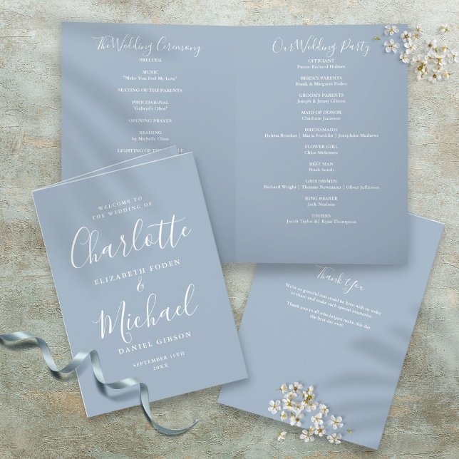 Dusty Blue Elegant Signature Script Hochzeit Programm (Dusty Blue Elegant Signature Script Wedding Program)