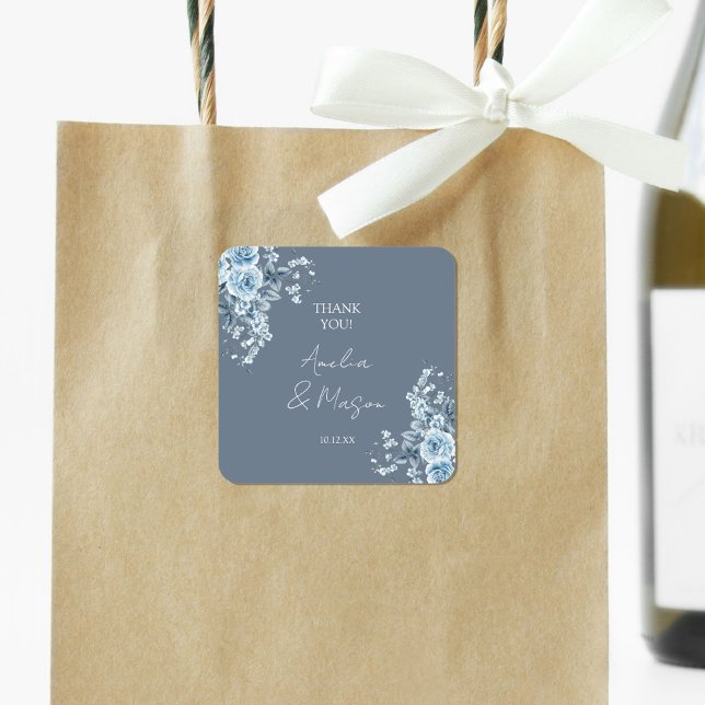 Dusty Blue Elegant Thank You Wedding Quadratischer Aufkleber (Dusty Blue Elegant Thank You Wedding Square Sticker)