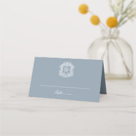 Dusty Blue Elegant Vintage Crest Monogram Wedding Platzkarte