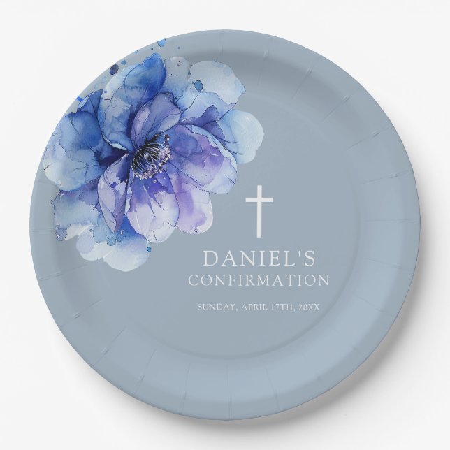 Dusty Blue Elegant Watercolor Floral Confirmation Pappteller (Vorderseite)