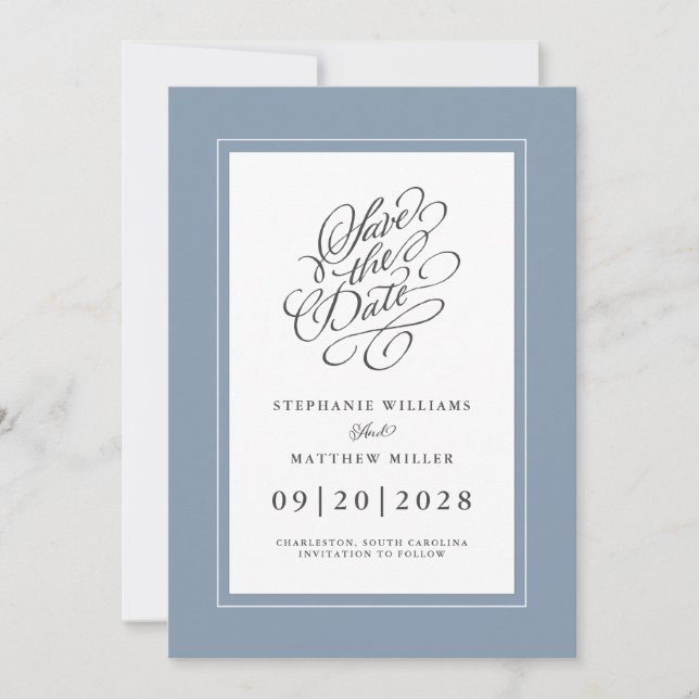 Dusty Blue Elegant Wedding Chic Trendy Script Save The Date (Vorderseite)