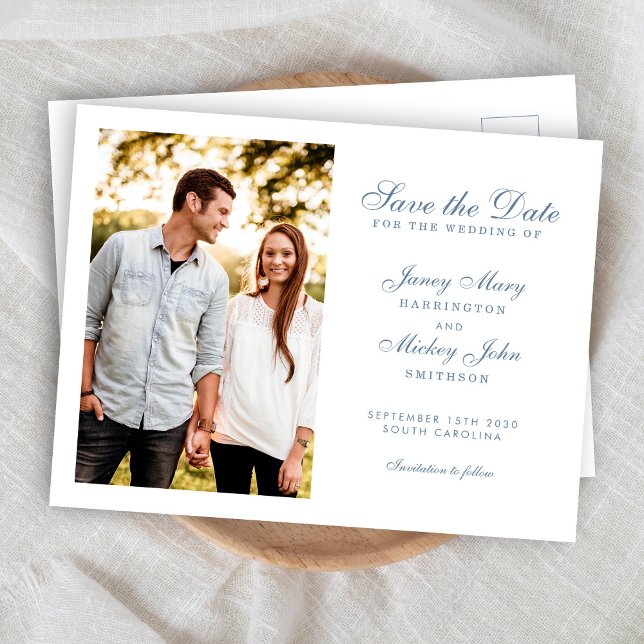 Dusty Blue Elegant Wedding Save the Date Einladungspostkarte (Von Creator hochgeladen)