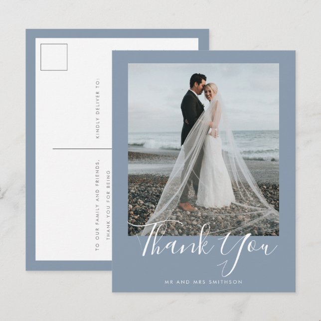 Dusty Blue Elegant Wedding Vielen Dank Postcard Postkarte (Vorne/Hinten)