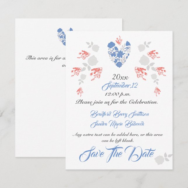 Dusty Blue Elegant White Gray Blumenherz Hochzeit Save The Date (Vorne/Hinten)