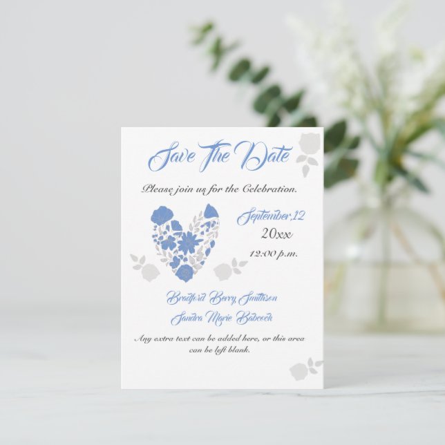 Dusty Blue Elegant White Gray Blumenherz Hochzeit Save The Date (Stehend Vorderseite)