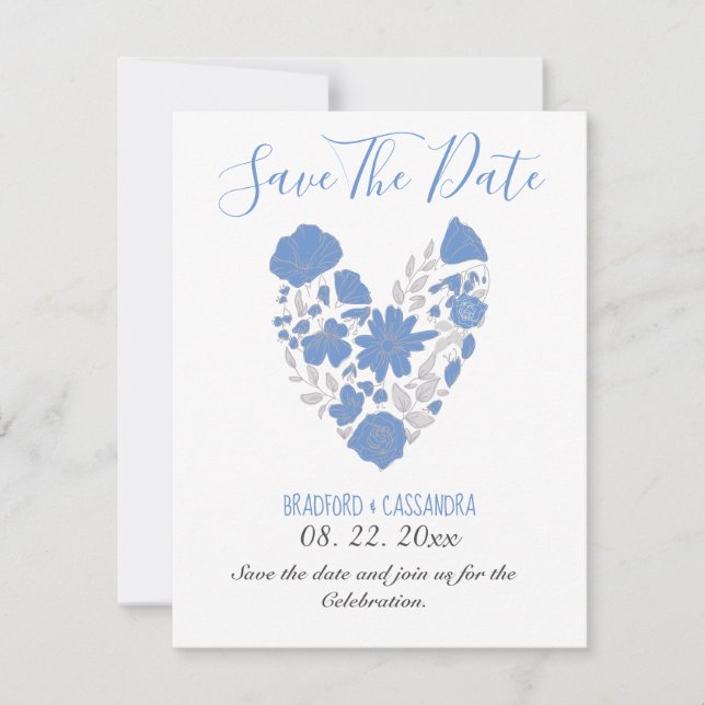 Dusty Blue Elegant White Gray Floral Heart Wedding Save The Date (Vorderseite)