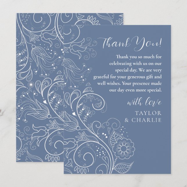 Dusty Blue Elegante Blumenhochzeit Dankeskarte (Vorne/Hinten)